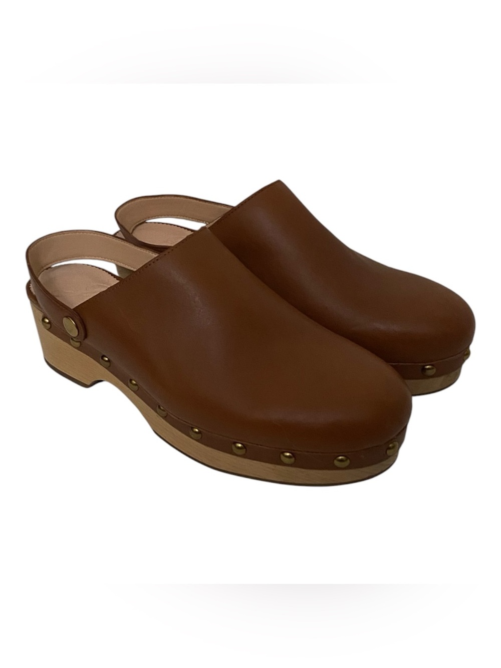 Women's Brown Leather Clog Mules with Studded Wood-Look Sole